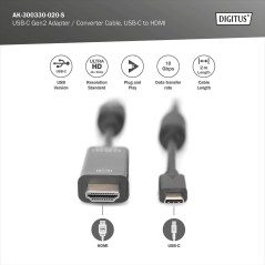 DIGITUS Câble USB-C vers HDMI – USB 3.2 Gen2 – 2 m – UHD 4k 60 Hz – HDMI 2.0 – 18 Gbit/s – Plug and Play – Noir