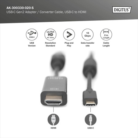 DIGITUS Câble USB-C vers HDMI – USB 3.2 Gen2 – 2 m – UHD 4k 60 Hz – HDMI 2.0 – 18 Gbit/s – Plug and Play – Noir