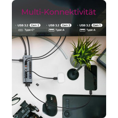 ICY Box Hub USB-C (11 en 1) avec Lecteur de Carte, 2 Ports USB-C et 1 Port USB-A (10 Gbit/s), 3 Ports USB-A (5 Gbit/s), 100 W PD