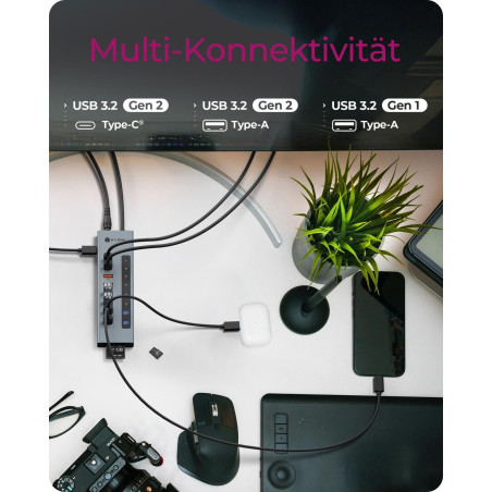 ICY Box Hub USB-C (11 en 1) avec Lecteur de Carte, 2 Ports USB-C et 1 Port USB-A (10 Gbit/s), 3 Ports USB-A (5 Gbit/s), 100 W PD