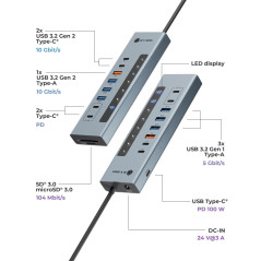ICY Box Hub USB-C (11 en 1) avec Lecteur de Carte, 2 Ports USB-C et 1 Port USB-A (10 Gbit/s), 3 Ports USB-A (5 Gbit/s), 100 W PD