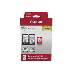 Canon PG-575 CL-576 Photo Pack - 2 cartouches (1x Noir 1x Couleur) Certifié Canon + 50 feuilles Papier Photo Canon 10x15cm (Emba