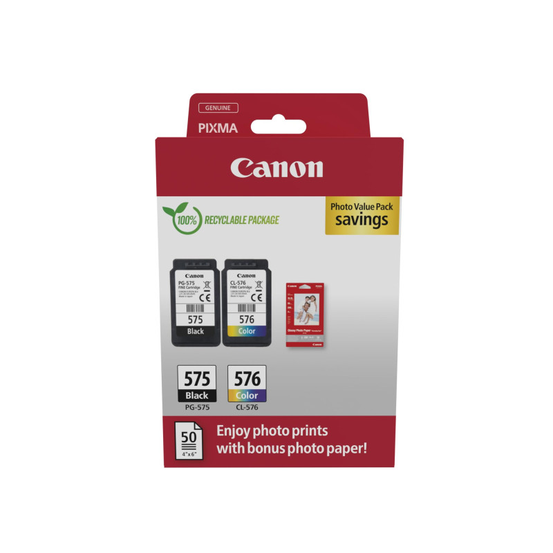 Canon PG-575 CL-576 Photo Pack - 2 cartouches (1x Noir 1x Couleur) Certifié Canon + 50 feuilles Papier Photo Canon 10x15cm (Emba Canon PG-575 CL-576 Photo Pack - 2 cartouches (1x Noir 1x Couleur) Certifié Canon + 50 feuilles Papier Photo Canon 10x15cm (Emba
