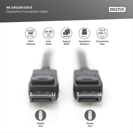 DIGITUS Câble de connexion Displayport - Displayport 1.3 - UHD-II 8k/30Hz - 4k/120Hz - 3.0m - adapté aux écrans, cartes graphiqu