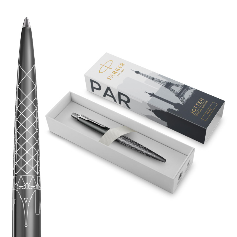 Parker Jotter Stylo bille | Édition spéciale | Gris Paris avec finition chrome | Pointe moyenne | Encre bleue | Coffret cadeau g