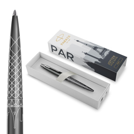 Parker Jotter Stylo bille | Édition spéciale | Gris Paris avec finition chrome | Pointe moyenne | Encre bleue | Coffret cadeau g