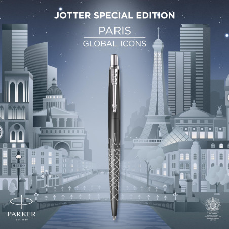 Parker Jotter Stylo bille | Édition spéciale | Gris Paris avec finition chrome | Pointe moyenne | Encre bleue | Coffret cadeau g