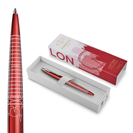 Parker Jotter Stylo bille | Édition spéciale | Rouge Londres avec finition chrome | Pointe moyenne | Encre bleue | Coffret cadea