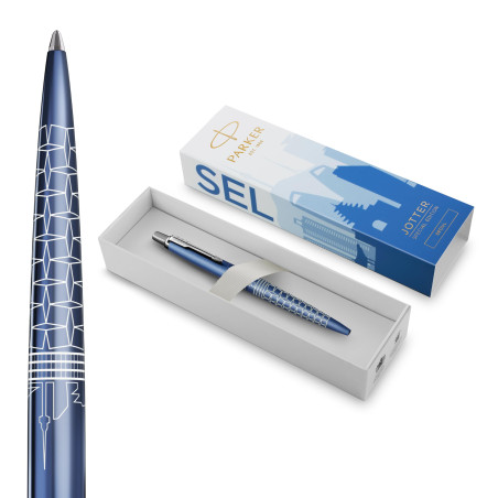 Parker Jotter Stylo bille | Édition spéciale | Bleu Séoul avec finition chrome | Pointe moyenne | Encre bleue | Coffret cadeau g