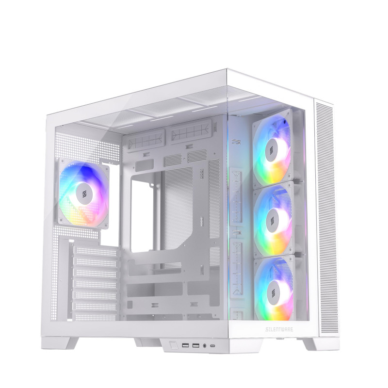 Silentware View A-RGB Boîtier PC tour midi blanc Showcase, panneau avant et fenêtre latérale en verre trempé, 4 ventilateurs RVB Silentware View A-RGB Boîtier PC tour midi blanc Showcase, panneau avant et fenêtre latérale en verre trempé, 4 ventilateurs RVB