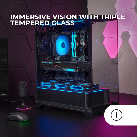 Mars Gaming MC-Prisma, Boîtier Gaming ATX, Triple Verre Trempé Continu sans Cadre, Éclairage ARGB Latéral et Frontal, Double Cha