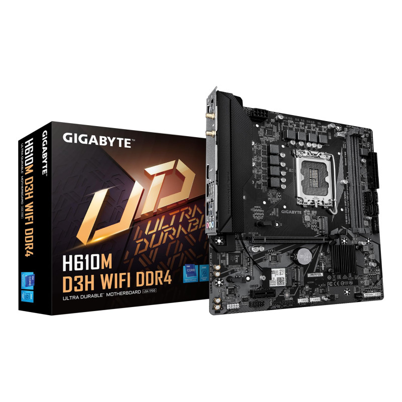 GIGABYTE H610M D3H WiFi DDR4 Carte Mère – Compatible avec processeurs Intel Core 14e génération, VRM 6+1+1 Phases, Jusqu’à 3200 GIGABYTE H610M D3H WiFi DDR4 Carte Mère – Compatible avec processeurs Intel Core 14e génération, VRM 6+1+1 Phases, Jusqu’à 3200