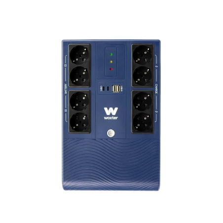 Woxter Multibase UPS 800 VA/480 W - Système d'alimentation sans Interruption, 8 Prises Schuko, 4 Ports USB, Bleu