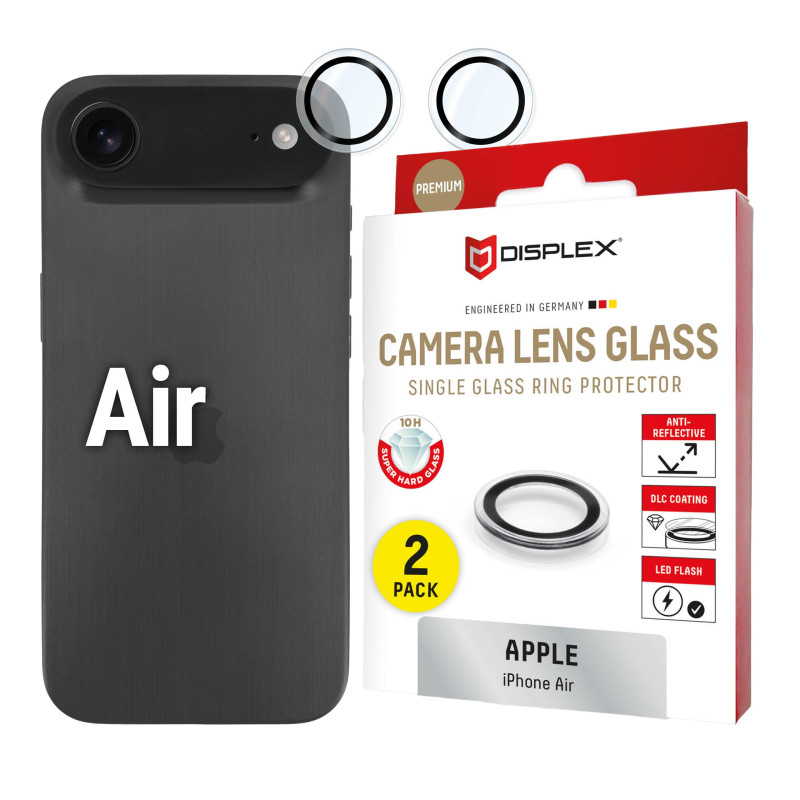 DISPLEX Lentille d'appareil photo de qualité supérieure - Compatible avec iPhone Air - Anneaux simples - 10H - Transparent - Mon DISPLEX Lentille d'appareil photo de qualité supérieure - Compatible avec iPhone Air - Anneaux simples - 10H - Transparent - Mon