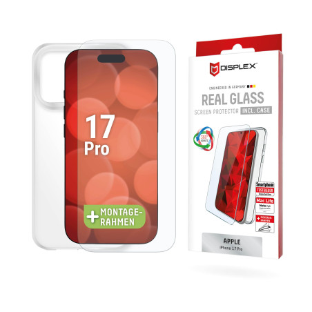 Displex Real Glass + coque de protection en verre véritable, compatible avec iPhone 17 Pro, cadre de montage écologique, résista