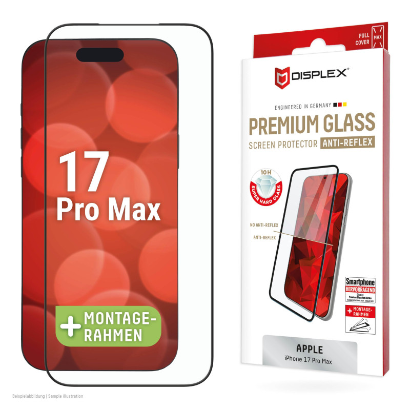 Displex Verre de protection de qualité supérieure (Full Cover, 10H) compatible avec iPhone 17 Pro Max, cadre de montage écologiq
