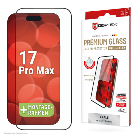 Displex Verre de protection de qualité supérieure (Full Cover, 10H) compatible avec iPhone 17 Pro Max, cadre de montage écologiq