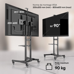 ONKRON Support TV roulettes 50-90 Pouces, Tele Portable sur Pied Charge Max 100 kg, Support TV sur Pied Roulant VESA 200x200-800