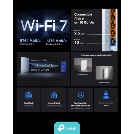 TP-Link Archer BE450 Routeur Wi-FI 7 BE7200 Bi-Bande, Multi-Link Operation (MLO), Port 10G Plus 2.5G, EasyMesh, HomeShield, Gest