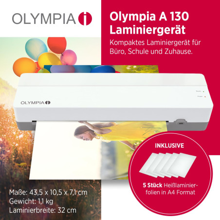 OLYMPIA A 130 Plastifieuse A3 | Plastifieuse compacte pour le bureau, l'école et la maison | Plastification à chaud jusqu'à 320 
