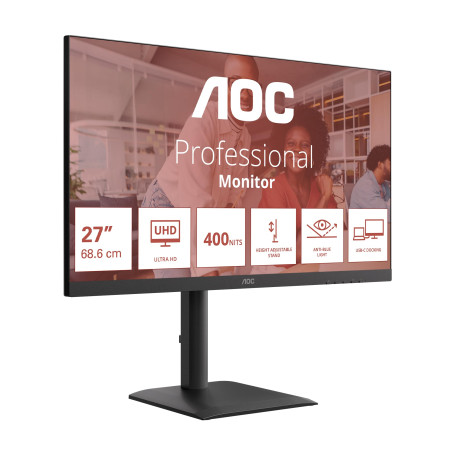 AOC U27E4CV 27 Pouces UHD Moniteur, 60 Hz, Dalle IPS, 4 ms GtG, synchronisation adaptative, Compatible HDR, réglage de la Hauteu