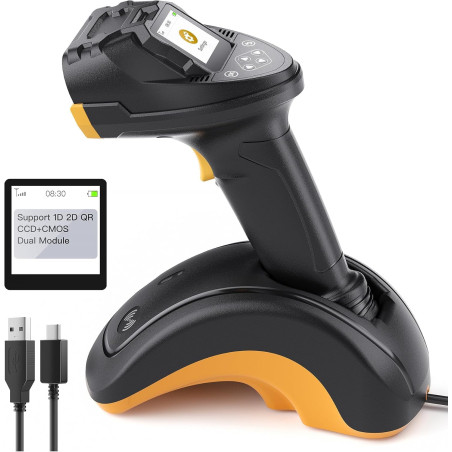 Inateck Lecteur de Code-Barres Bluetooth, Scanner de Code QR 2D 1D sans Fil, avec Écran et Base Intelligente, Modules Doubles CM