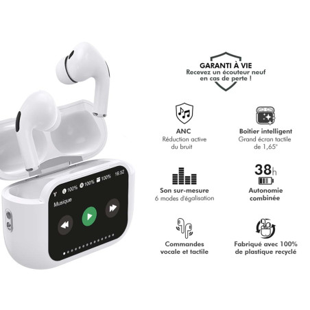 Force Power Écouteurs Bluetooth 5.3 sans Fil Play Touch XL avec Écran Tactile, Casque Bluetooth sans Fil Anti Bruit (ANC), 38h A