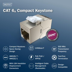DIGITUS Module Keystone Cat-6A blindé – 8 pièces – Version courte – Prise RJ45 – 500 MHz 10GBase-T – AWG 26-22 – Design élégant