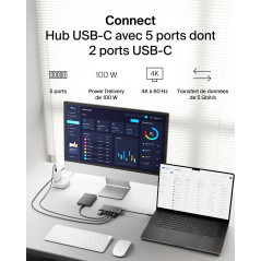 Belkin Hub USB-C 5 Ports avec HDMI 4K à 60 Hz, Power Delivery 100 W, Transfert de Données 5 Gbit/s, pour MacBook, iPad Pro, Chro