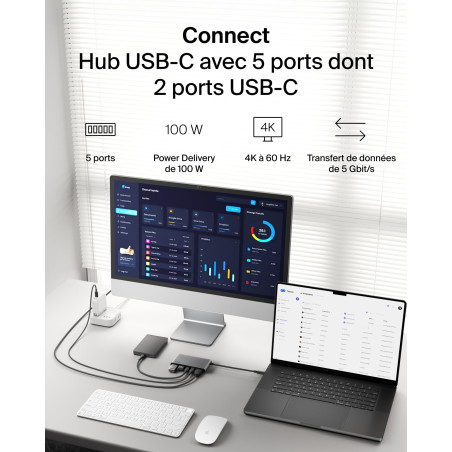 Belkin Hub USB-C 5 Ports avec HDMI 4K à 60 Hz, Power Delivery 100 W, Transfert de Données 5 Gbit/s, pour MacBook, iPad Pro, Chro