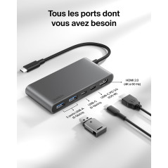 Belkin Hub USB-C 5 Ports avec HDMI 4K à 60 Hz, Power Delivery 100 W, Transfert de Données 5 Gbit/s, pour MacBook, iPad Pro, Chro
