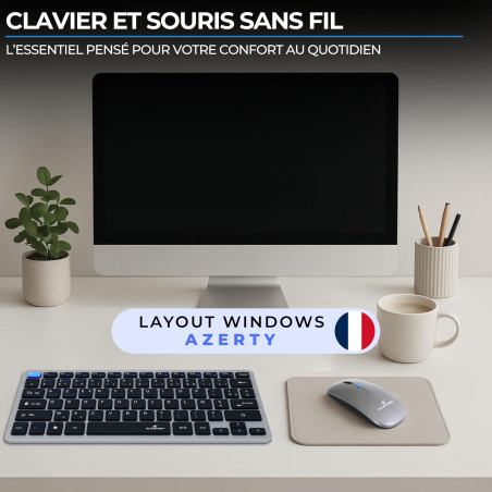 Bluestork - Pack Mini V2 Clavier Souris Sans Fil Rechargeable - Clavier sans fil AZERTY, Format Compact & Souris 1600 DPI - Doub