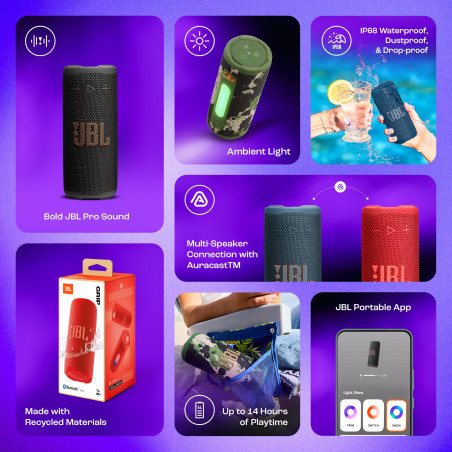JBL Grip, Enceinte Bluetooth compacte, AI Sound Boost, étanche et resistante à la poussière IP68, éclairage d’Ambiance, 14 h d’a