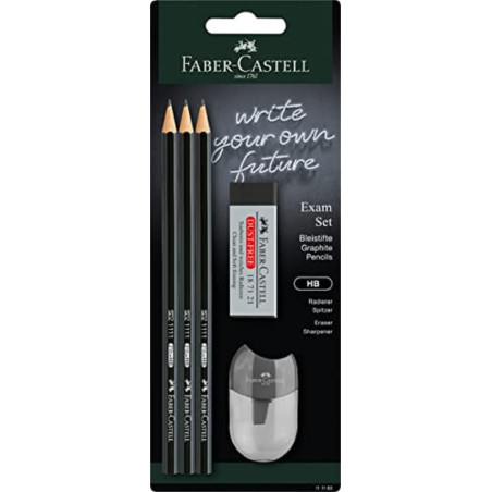 FABER-CASTELL 111183 - Set de crayons Exam, avec trois crayons 1111 de dureté HB, avec taille-crayon et gomme, noir