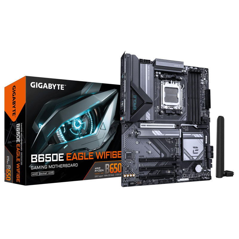 GIGABYTE B650E Eagle WIFI6E Carte Mère - Processeurs AMD Ryzen 9000 Series, VRM 8+2+2 Phases, Jusqu’à 8200MHz DDR5 (O.C), 1xPCIe GIGABYTE B650E Eagle WIFI6E Carte Mère - Processeurs AMD Ryzen 9000 Series, VRM 8+2+2 Phases, Jusqu’à 8200MHz DDR5 (O.C), 1xPCIe