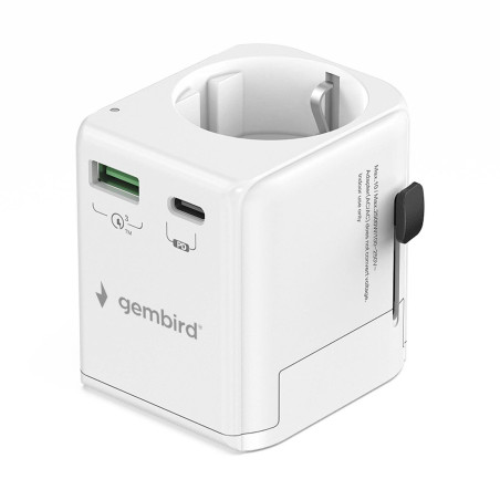 Gembird Adaptateur Universel de Voyage avec Mise à la Terre 20W - Chargeur Rapide Compact, Compatible avec Les Smartphones, Les