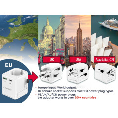 Gembird Adaptateur Universel de Voyage avec Mise à la Terre 20W - Chargeur Rapide Compact, Compatible avec Les Smartphones, Les