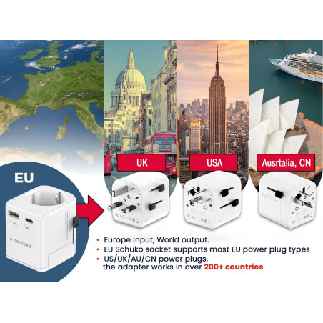 Gembird Adaptateur Universel de Voyage avec Mise à la Terre 20W - Chargeur Rapide Compact, Compatible avec Les Smartphones, Les