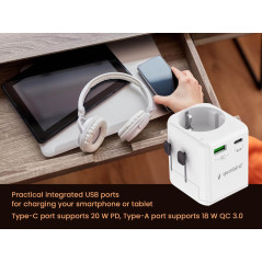 Gembird Adaptateur Universel de Voyage avec Mise à la Terre 20W - Chargeur Rapide Compact, Compatible avec Les Smartphones, Les 