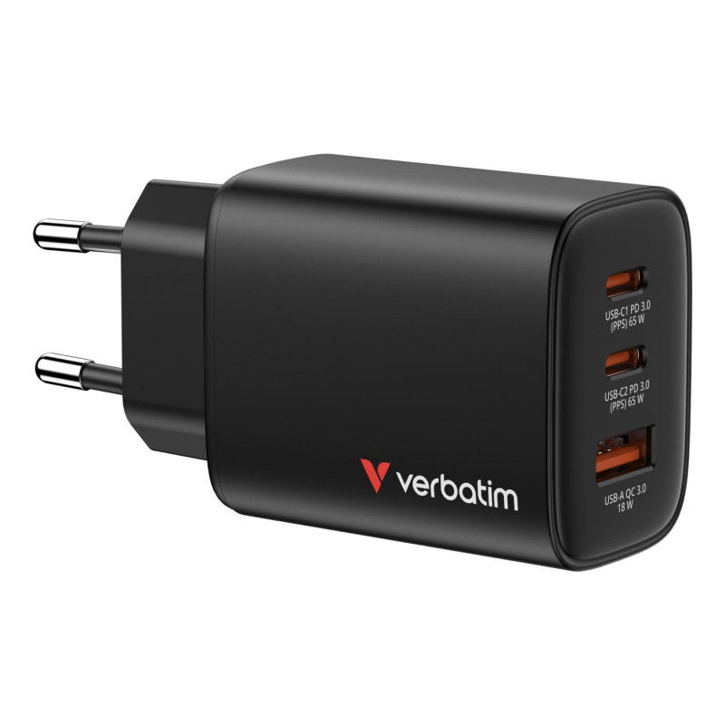 Verbatim Essentials GaN Chargeur 65 W 2 Ports USB-C PD3.0, 1 Port USB-A QC 3.0, Chargeur Rapide comme multiprise pour Apple MacB Verbatim Essentials GaN Chargeur 65 W 2 Ports USB-C PD3.0, 1 Port USB-A QC 3.0, Chargeur Rapide comme multiprise pour Apple MacB