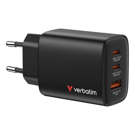Verbatim Essentials GaN Chargeur 65 W 2 Ports USB-C PD3.0, 1 Port USB-A QC 3.0, Chargeur Rapide comme multiprise pour Apple MacB