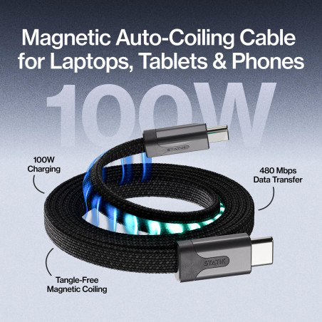 Statik MagStack Câble de charge magnétique USB C – Câble plat spiralé organisé anti-enchevêtrement, charge rapide de 100 W, comp