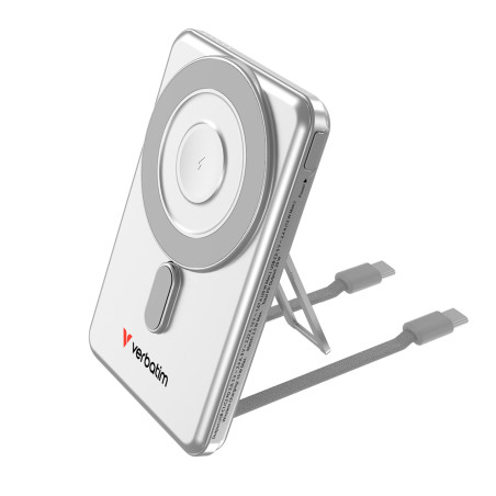 Batterie Externe avec Charge magnétique sans Fil, Deux câbles et Support argenté