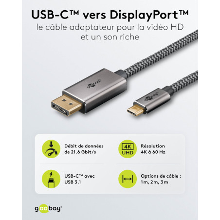 goobay Câble USB C vers DisplayPort 1.2 4K @ 60 Hz Type C Thunderbolt 3/4 vers DP Câble USB 3.1 compatible avec Mac Book, iPhone