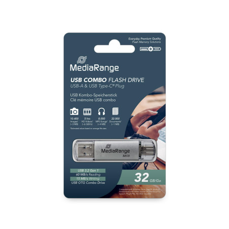 MediaRange MR936 Clé USB 32GB Argent Combo Flash Drive USB 3.1 + Typ C