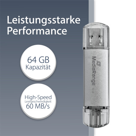 MediaRange MR937 Clé USB 64GB Argent Combo Flash Drive USB 3.1 + Typ C