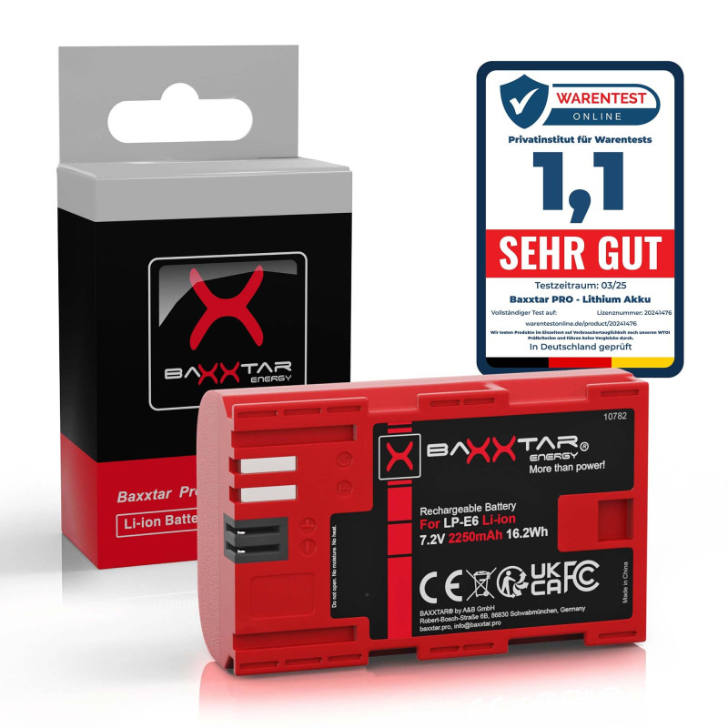 Baxxtar LP-E6 Batterie 2250mAh 16,2Wh 7,2V Compatible avec Canon EOS 5D Mark II III IV 5DS R R5 6D 7D 60D 60Da 70D 80D 90D XC10 Baxxtar LP-E6 Batterie 2250mAh 16,2Wh 7,2V Compatible avec Canon EOS 5D Mark II III IV 5DS R R5 6D 7D 60D 60Da 70D 80D 90D XC10