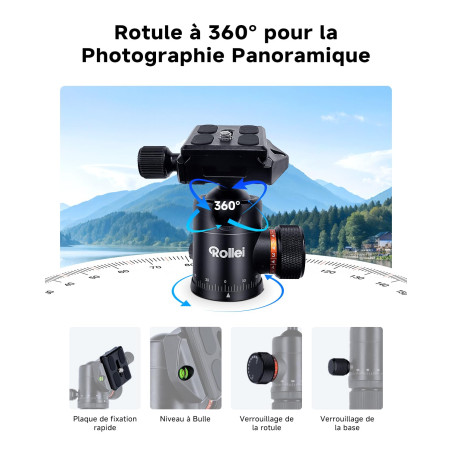 Rollei C5i Tépied Appareil Photo Noir, 156cm Trepied de Voyage en Carbone Leger Trépied Photo avec Tête Panoramique Camera Tripo