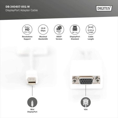 DIGITUS Adaptateur Graphique Mini DisplayPort, mDP vers VGA, Full HD 60Hz, 1920 x 1080 Pixels, Blanc