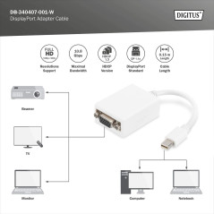 DIGITUS Adaptateur Graphique Mini DisplayPort, mDP vers VGA, Full HD 60Hz, 1920 x 1080 Pixels, Blanc